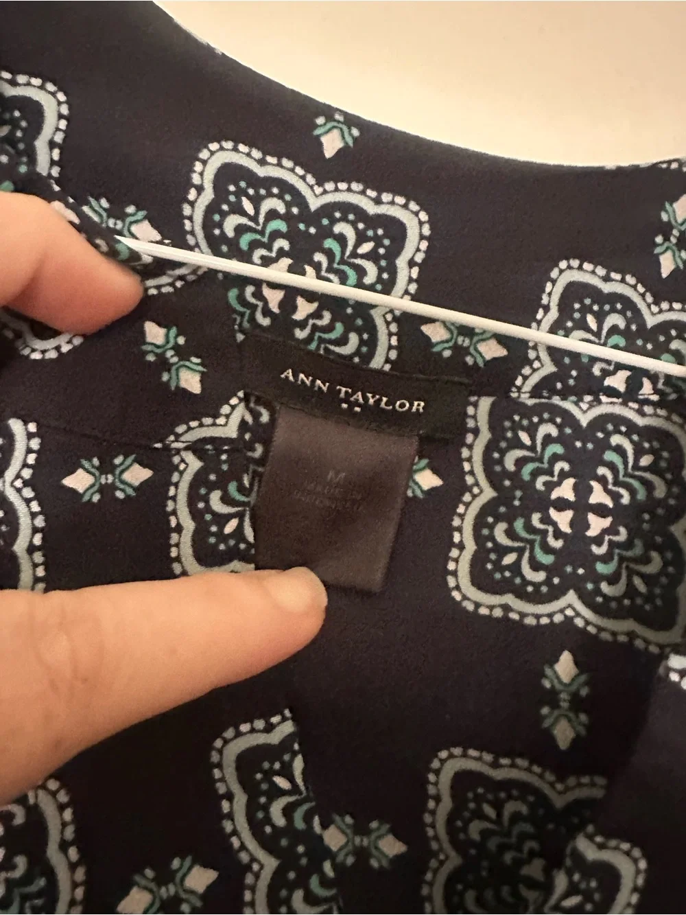 Ann Taylor Navy Blouse with Teal and White Medallion Pattern